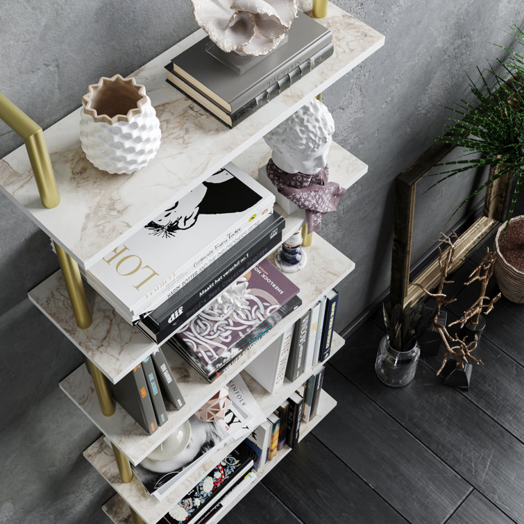 68.5" White Marble and Gold Adjustable Ladder Bookcase