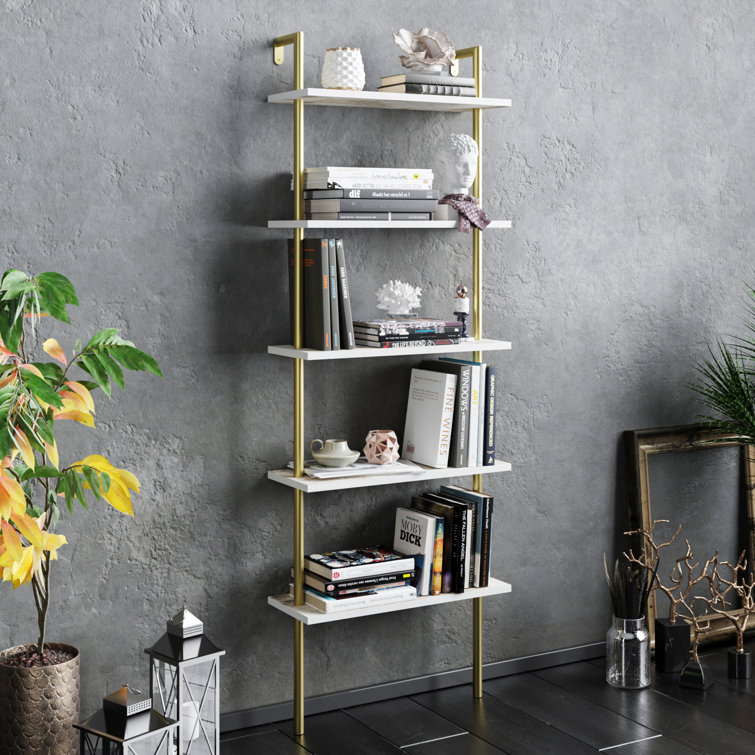 68.5" White Marble and Gold Adjustable Ladder Bookcase