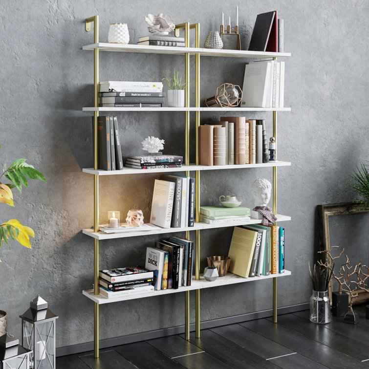 68.5" White Marble and Gold Adjustable Ladder Bookcase