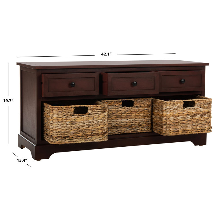 Transitional Red Pine Storage Bench with Wicker Baskets