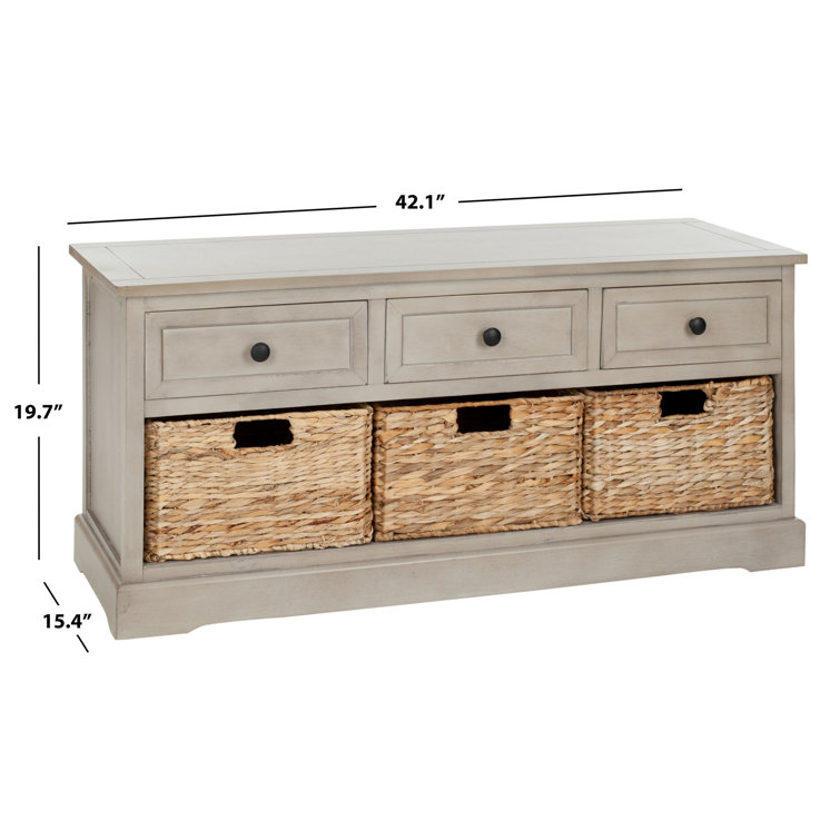 Transitional Gray 42" Solid Wood Storage Bench with Wicker Baskets