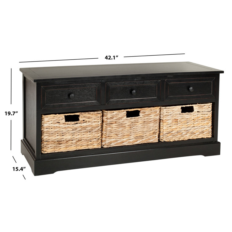 Transitional Gray Pine Wood Storage Bench with Wicker Baskets
