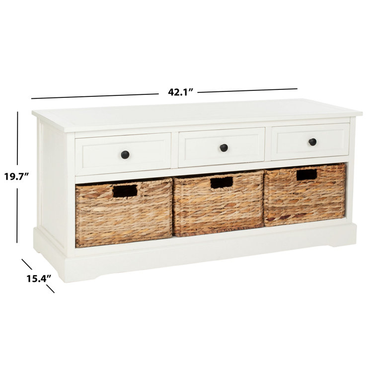 Distressed Cream Pine Storage Bench with 3 Drawers & Wicker Baskets