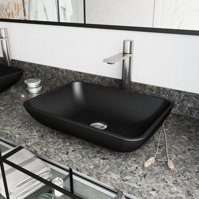 Matte Black Rectangular Glass Vessel Sink with Brushed Nickel Faucet