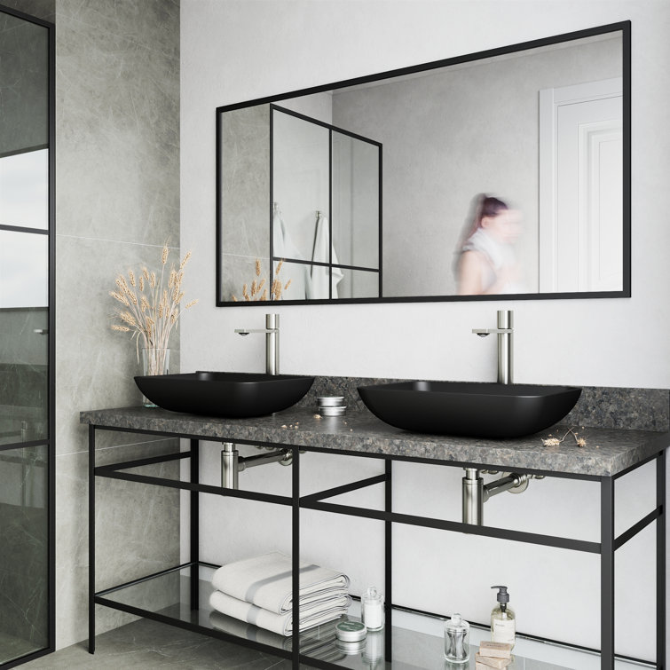 Matte Black Rectangular Glass Vessel Sink with Brushed Nickel Faucet