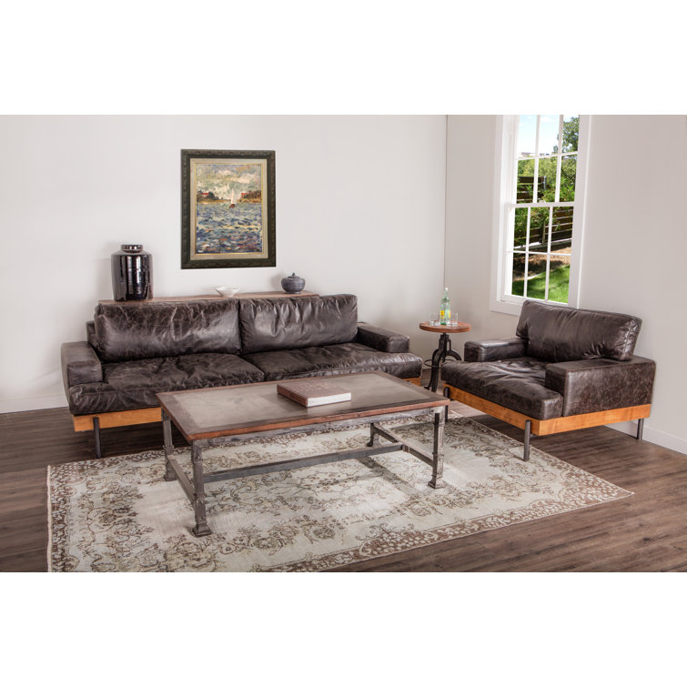 Portofino Distressed Antique Ebony Leather Oak Wood Sofa