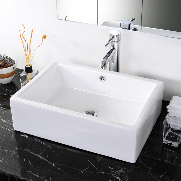 White Ceramic Rectangular Above-Counter Vessel Sink