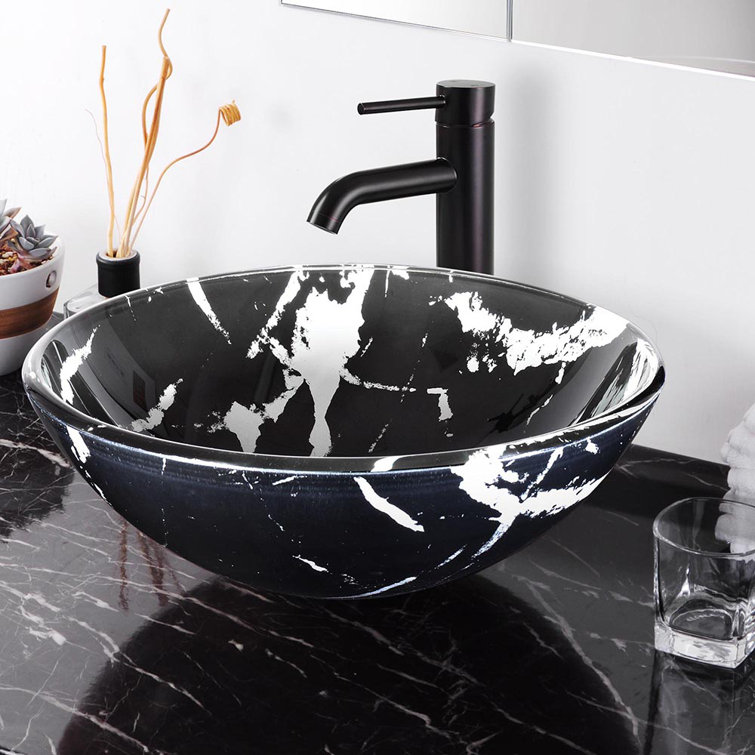 Black and White Marbled Glass Vessel Sink