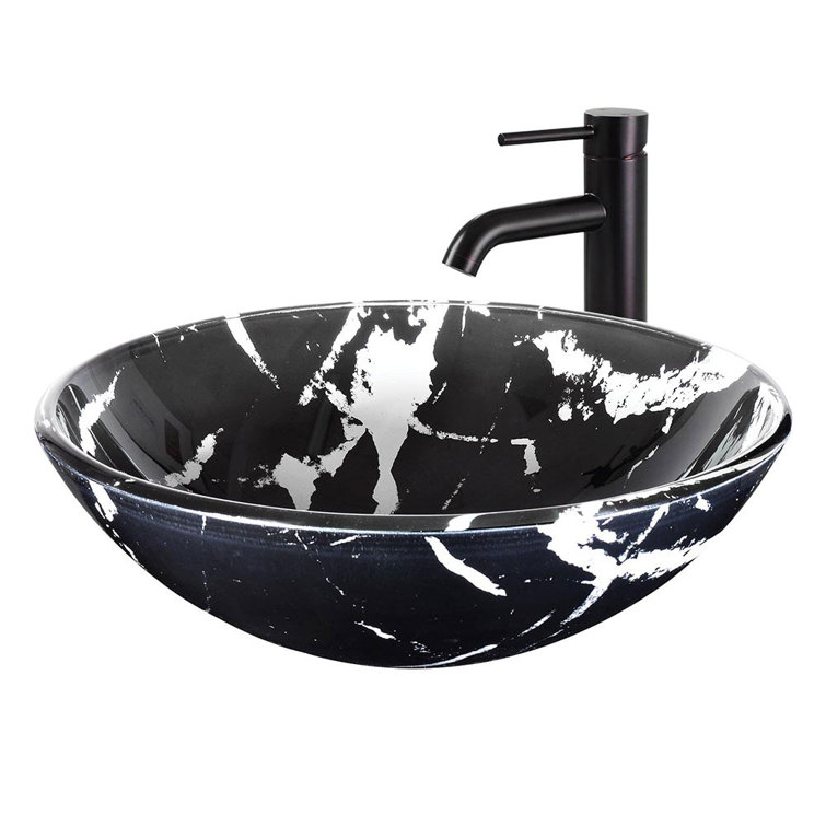 Black and White Marbled Glass Vessel Sink