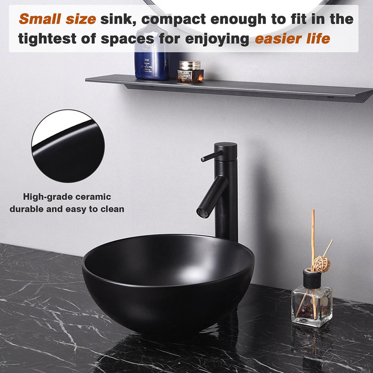 Aquaterior 12'' Matte Black Ceramic Round Bathroom Sink