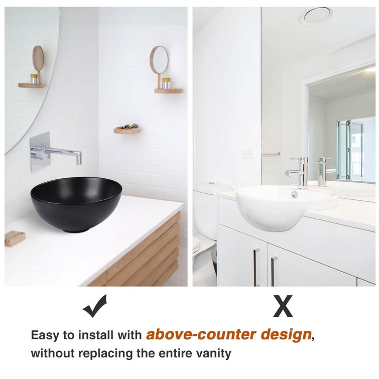 Aquaterior 12'' Matte Black Ceramic Round Bathroom Sink
