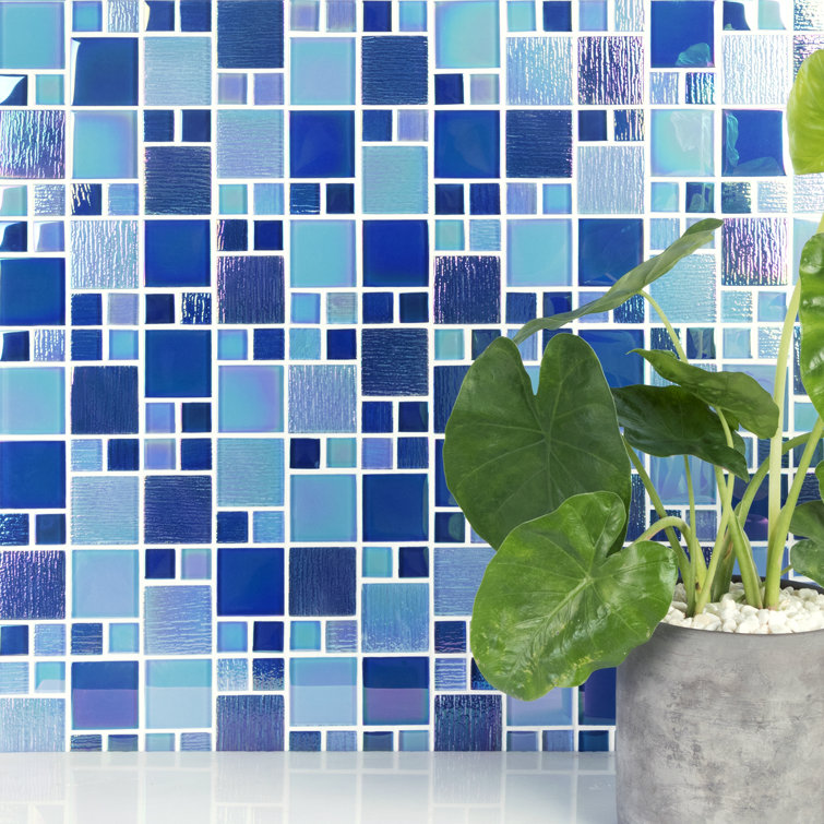 Lake Blue Iridescent Glass Mosaic Wall Tile Sheet