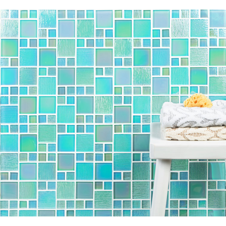 Sea Green Iridescent Glass Mosaic Wall Tile 12-in x 12-in
