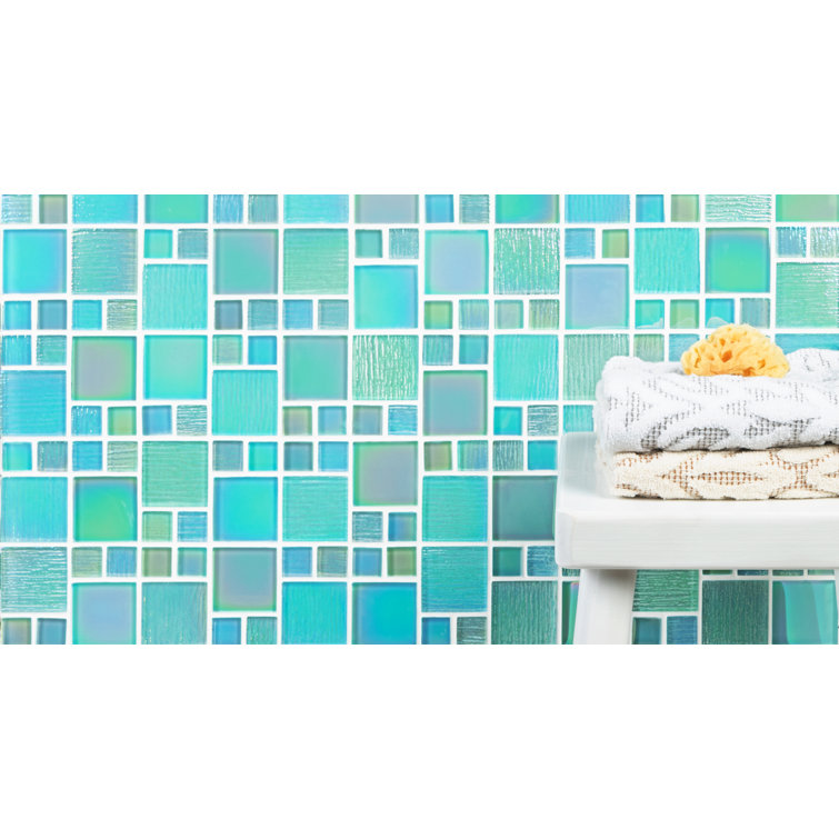 Sea Green Iridescent Glass Mosaic Wall Tile 12-in x 12-in