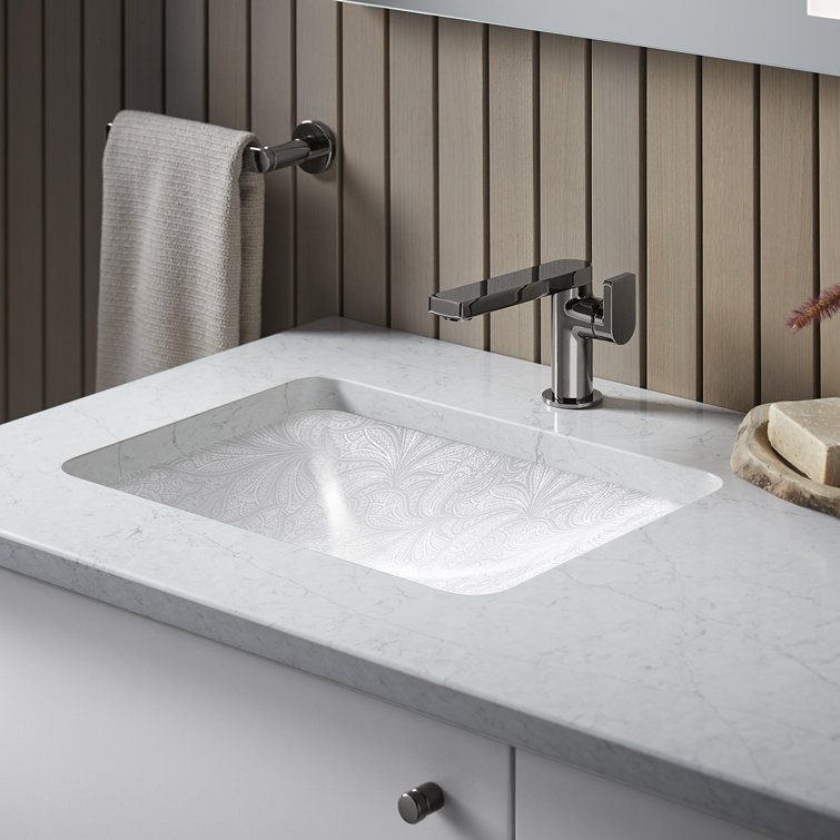 White Ceramic Paisley Pattern Undermount Bathroom Sink
