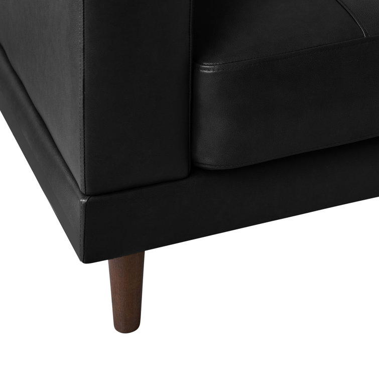 Hanson Contemporary Black Genuine Leather Loveseat with Wooden Legs