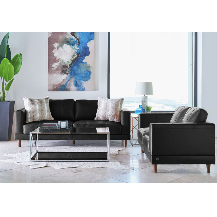 Hanson Contemporary Black Genuine Leather Loveseat with Wooden Legs