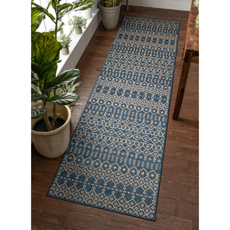 Nordic Blue and Beige Synthetic Flat-Weave Runner Rug