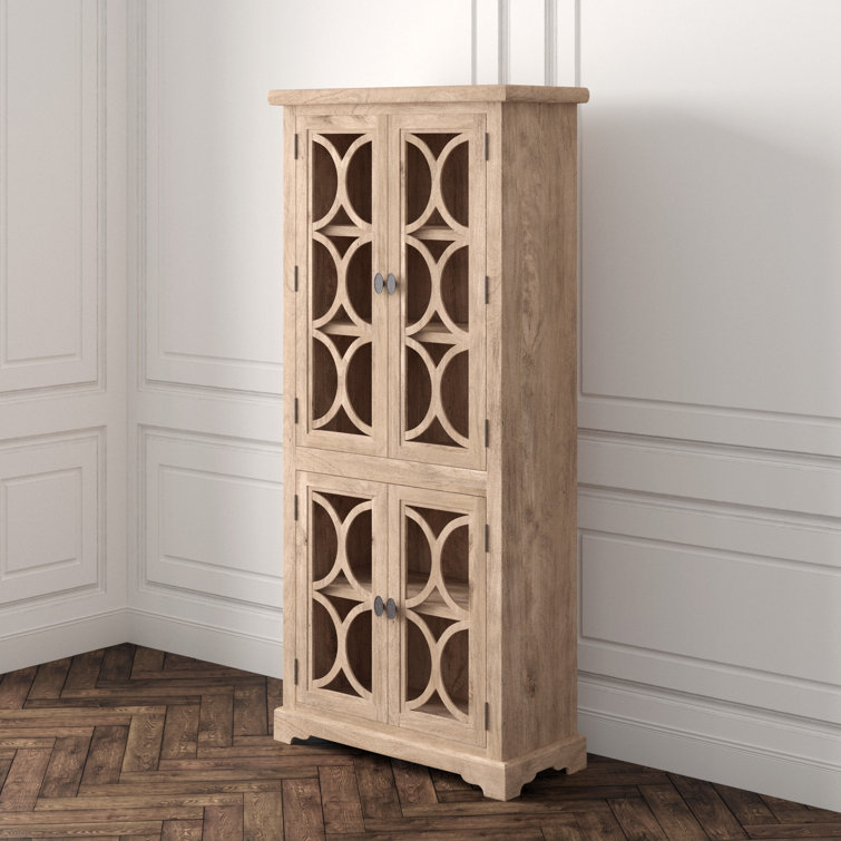 Tall Light Brown Mango Wood China Cabinet with Glass Doors