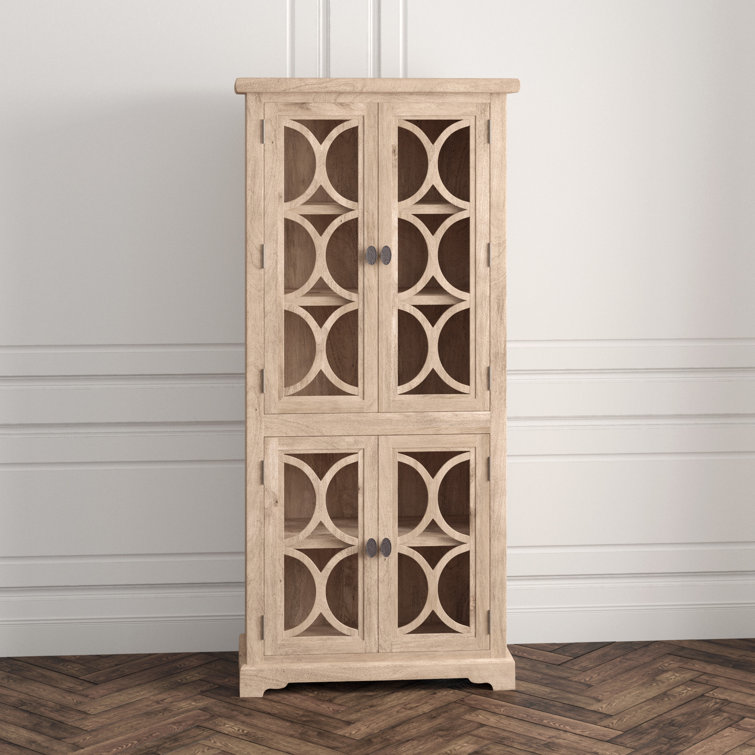 Tall Light Brown Mango Wood China Cabinet with Glass Doors