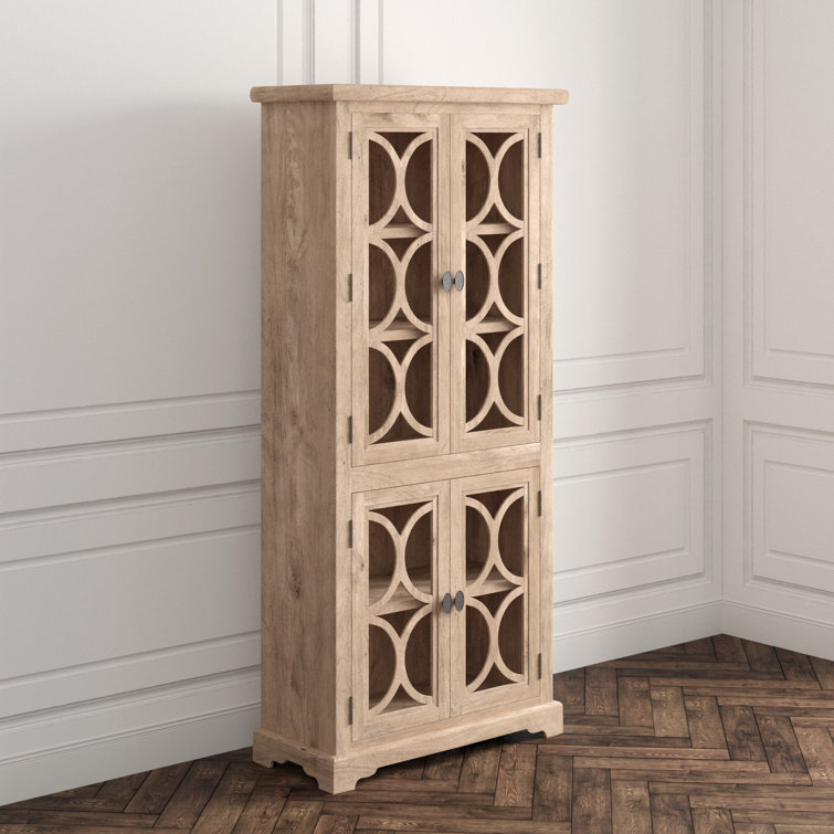 Tall Light Brown Mango Wood China Cabinet with Glass Doors