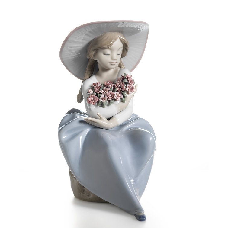 Glossy Porcelain Girl Figurine with Spring Bouquet