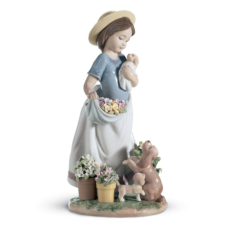 Spring Garden Girl Porcelain Figurine with Puppies