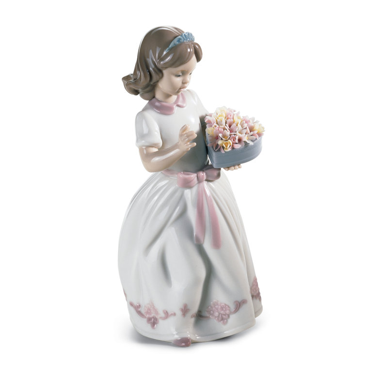 Elegant Porcelain Heart-Holding Girl Figurine in White and Pink