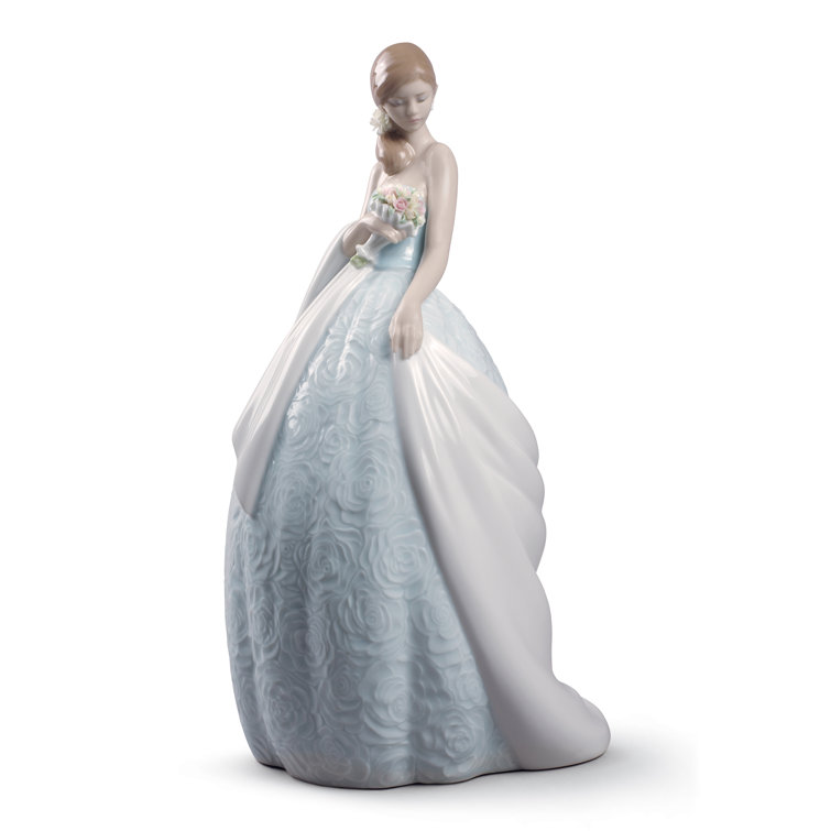 Glossy Porcelain Bride Figurine with Pastel Dress