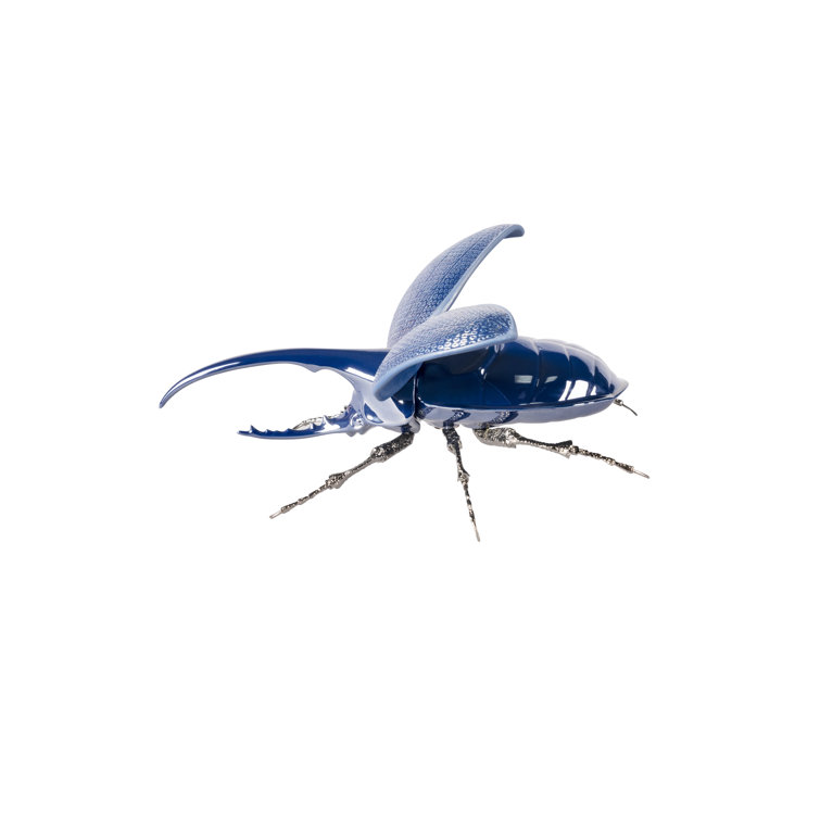 Blue Porcelain Hercules Beetle Sculpture with Brass Legs