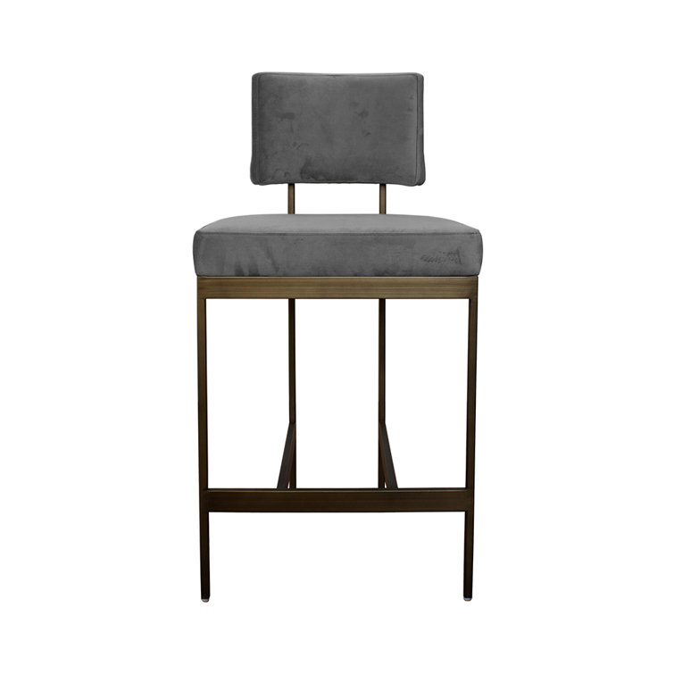 Gray Velvet and Bronze Metal Counter Stool