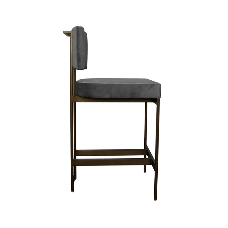 Gray Velvet and Bronze Metal Counter Stool