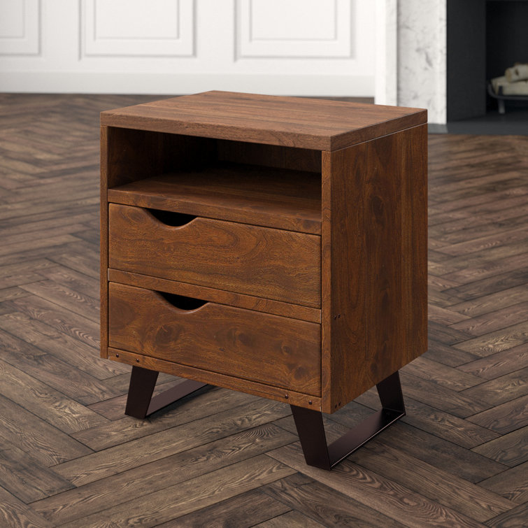Acacia Wood 2-Drawer Nightstand with Metal Legs