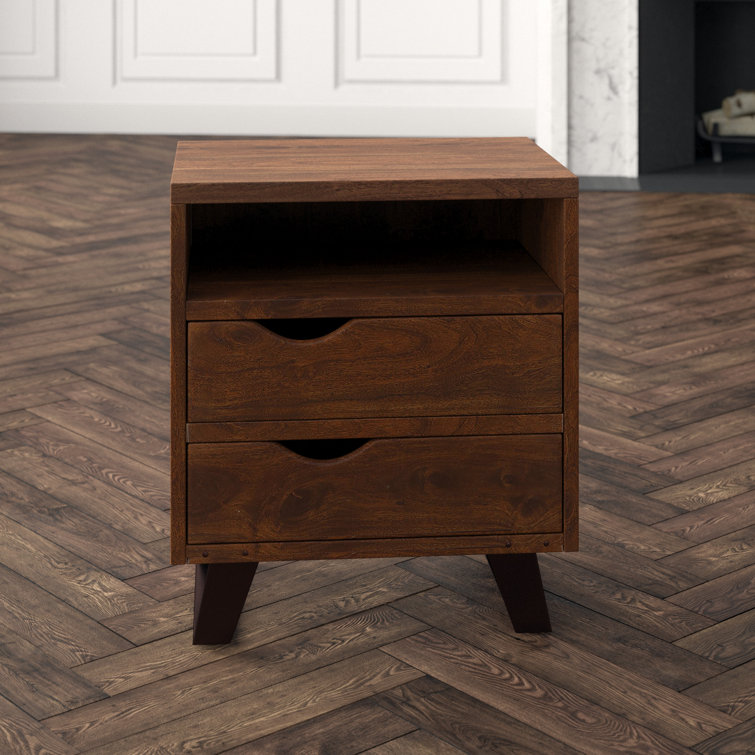 Acacia Wood 2-Drawer Nightstand with Metal Legs