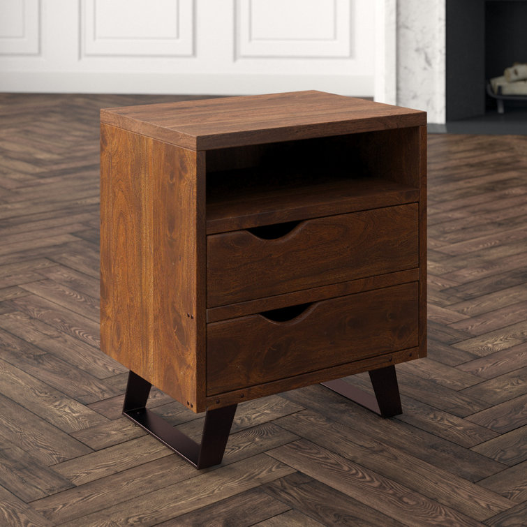 Acacia Wood 2-Drawer Nightstand with Metal Legs