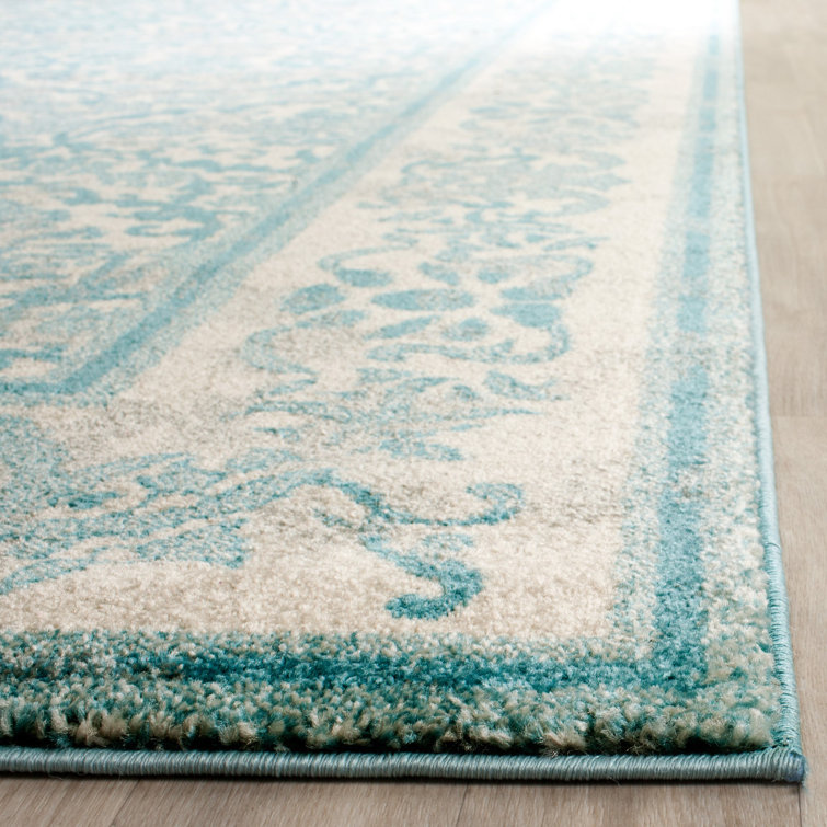 Ivory and Light Blue Rectangular Synthetic Area Rug, 11' x 15'