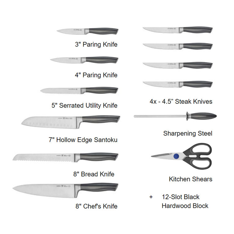 HENCKELS Graphite 13-Piece Knife Set with Block, Kitchen Knife Sharpener, Chef Knife, Steak Knife, Black, Stainless Steel