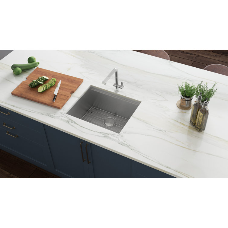 Roma 19" Brushed Stainless Steel Undermount Workstation Sink with Mahogany Cutting Board