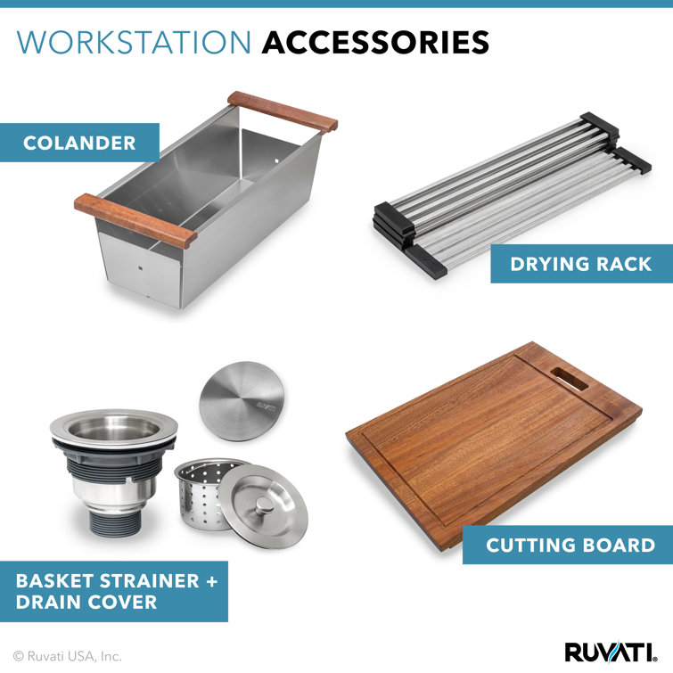Roma 36-Inch Stainless Steel Double Bowl Workstation Sink with Hardwood Accessories