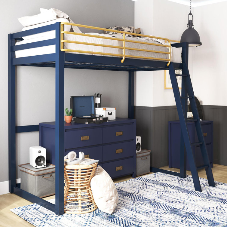 White and Gold Twin Metal Loft Bed with Headboard