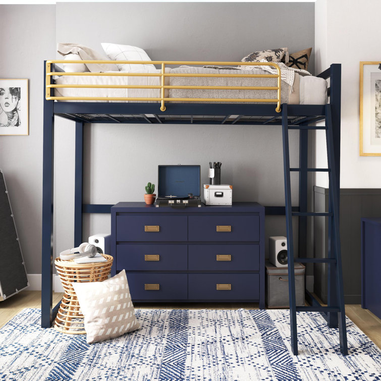 White and Gold Twin Metal Loft Bed with Headboard