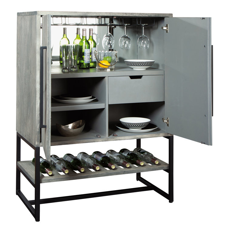 Transitional Herringbone 36" Gray Bar Cabinet with Wine Storage