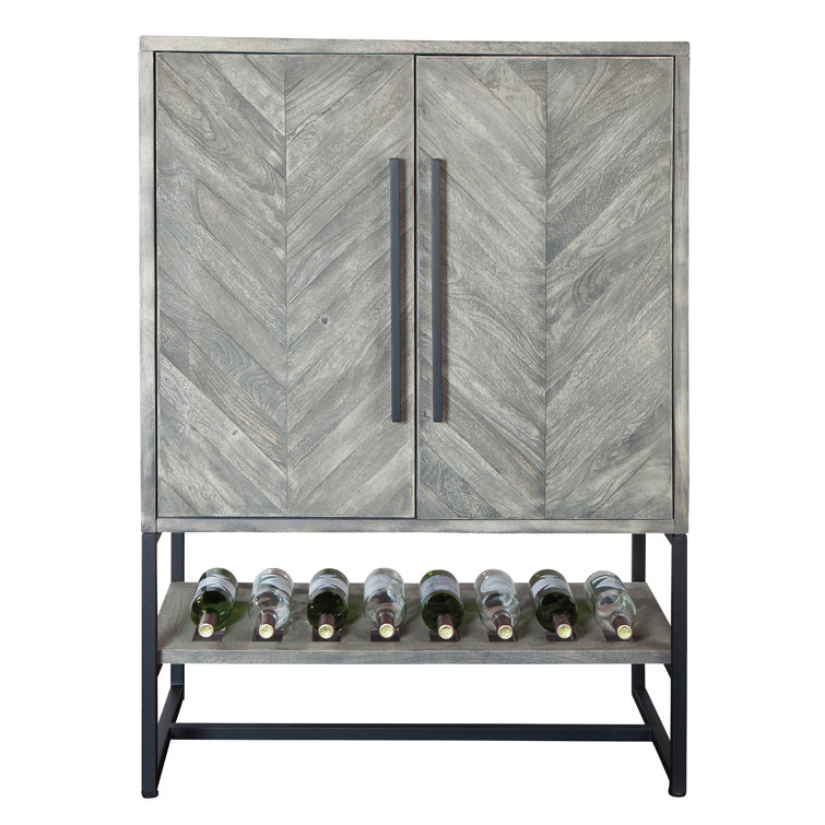 Transitional Herringbone 36" Gray Bar Cabinet with Wine Storage