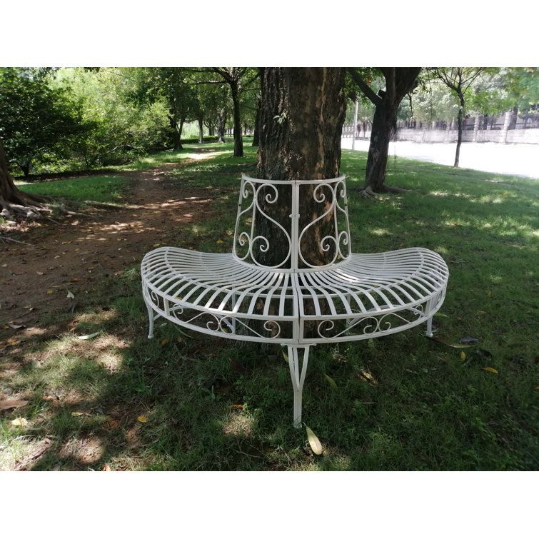 Elegant White Iron Semi-Circle Outdoor Bench