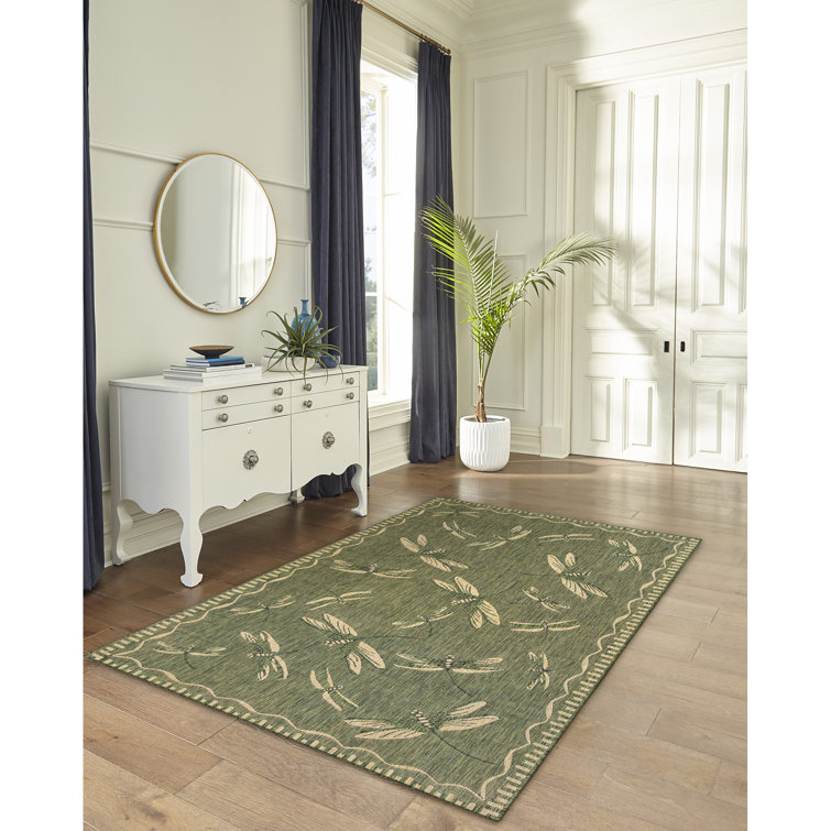 Carmel Dragonfly Green Rectangular Easy-Care Outdoor Rug