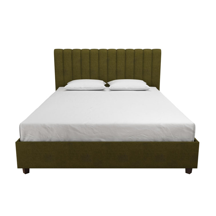 Green Linen Upholstered Queen Platform Bed with Oak Legs