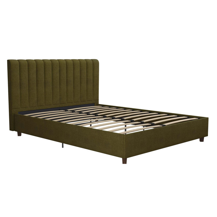 Green Linen Upholstered Queen Platform Bed with Oak Legs