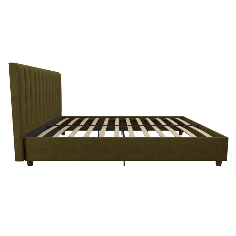 Green Linen Upholstered Queen Platform Bed with Oak Legs