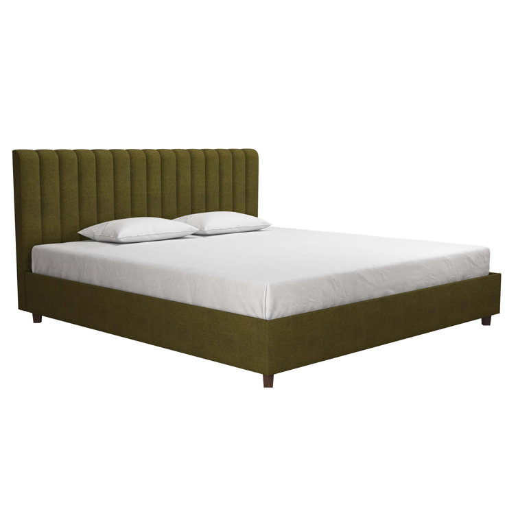 King Green Linen Upholstered Platform Bed with Oak Legs