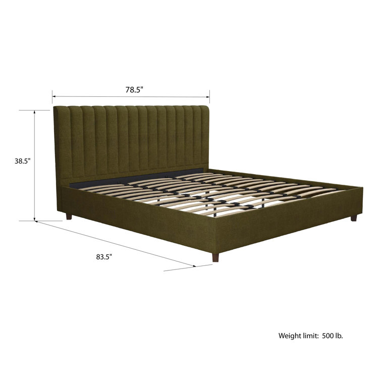 King Green Linen Upholstered Platform Bed with Oak Legs
